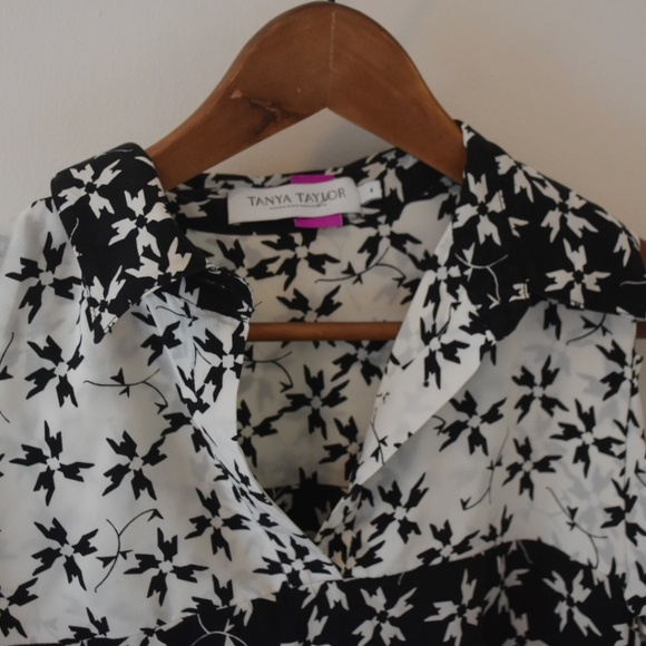 Tanya Taylor open shoulder, black and white floral pinwheel dress (US 6) - Picture 2 of 5